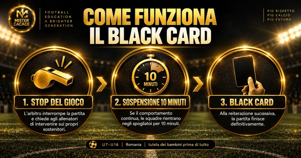 Procedura Black Card nel calcio giovanile: stop del gioco, sospensione di 10 minuti e fine definitiva della partita