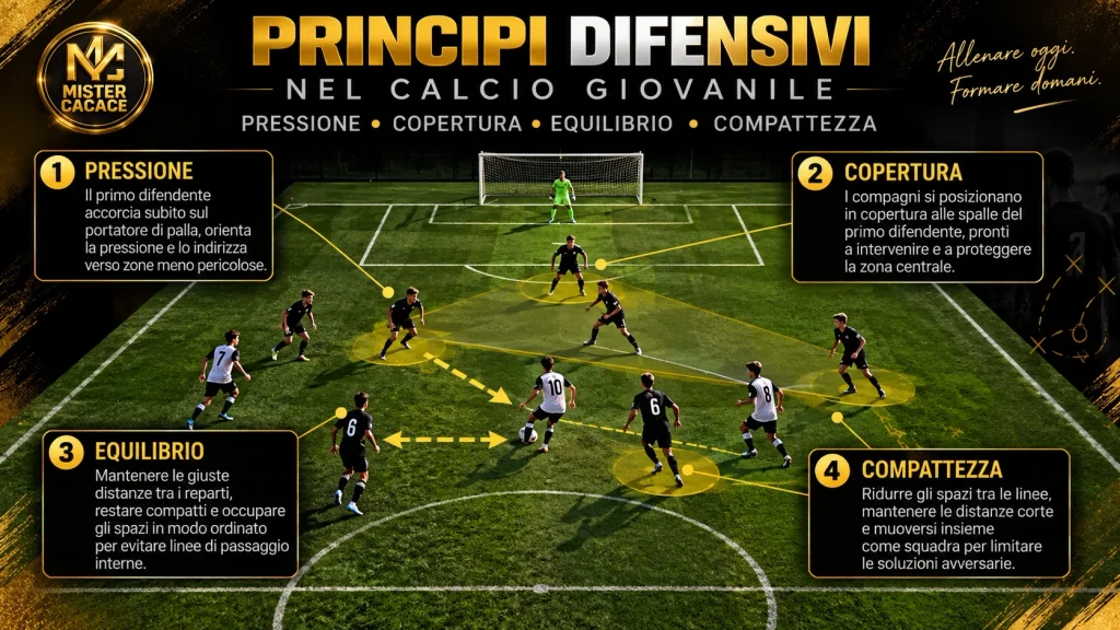 Principi difensivi nel calcio giovanile con pressione copertura equilibrio e compattezza