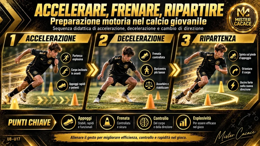 Sequenza didattica di accelerazione, decelerazione e cambio di direzione nell'allenamento calcistico giovanile.