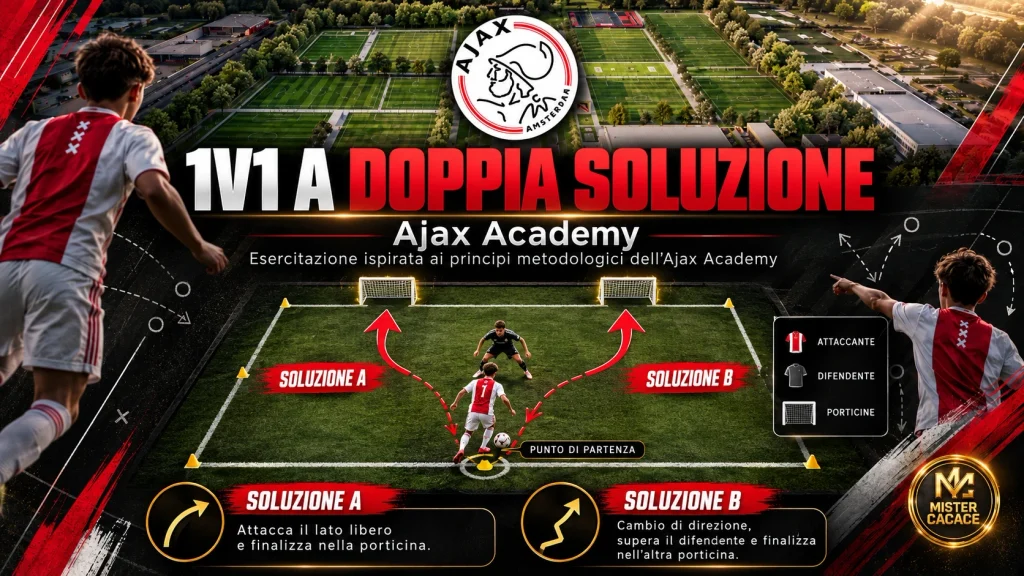 Schema esercitazione 1 contro 1 a due porticine, lettura del difensore e scelta della direzione, Mister Cacace.