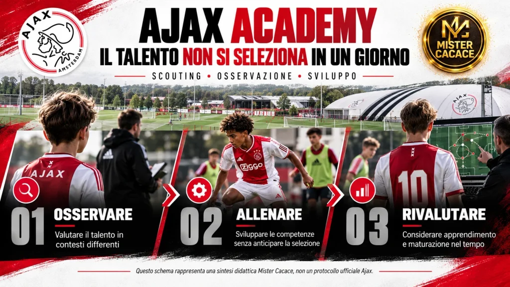 Infografica sullo scouting Ajax Academy: osservare, allenare e rivalutare il talento nel tempo.