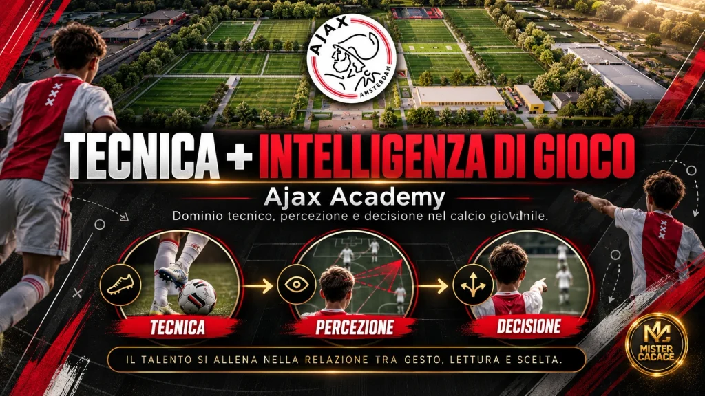 Infografica Ajax Academy: dominio tecnico, percezione e decision making nella crescita del giovane calciatore.