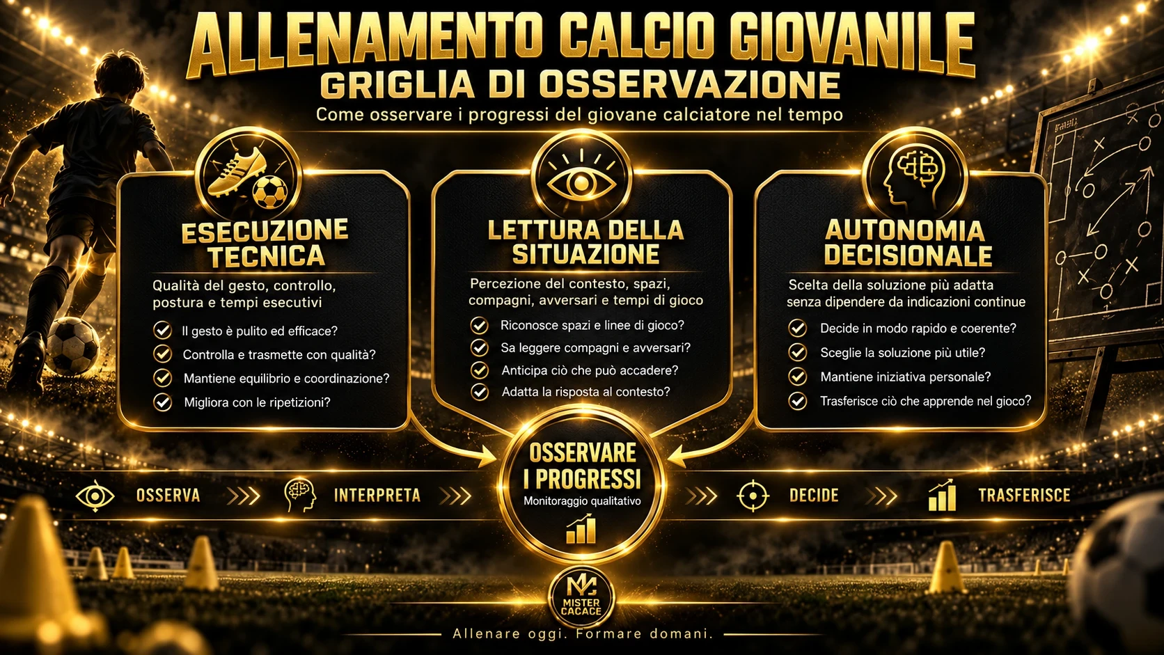 Griglia di valutazione dell'allenamento calcio giovanile attraverso esecuzione tecnica, lettura delle situazioni e autonomia nelle scelte.