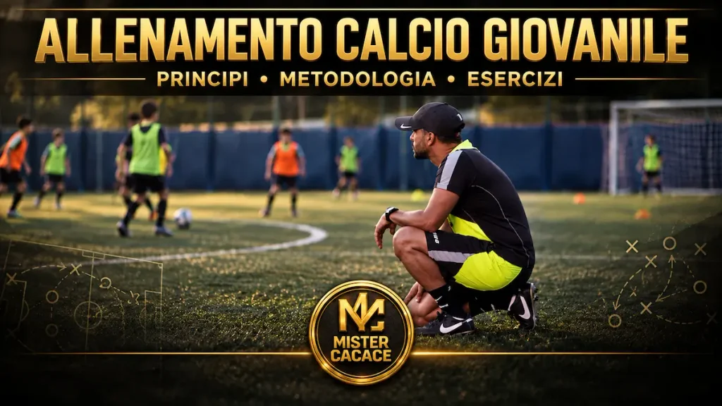 Copertina Mister Cacace della guida all'allenamento calcio giovanile, con principi, metodologia ed esercizi.