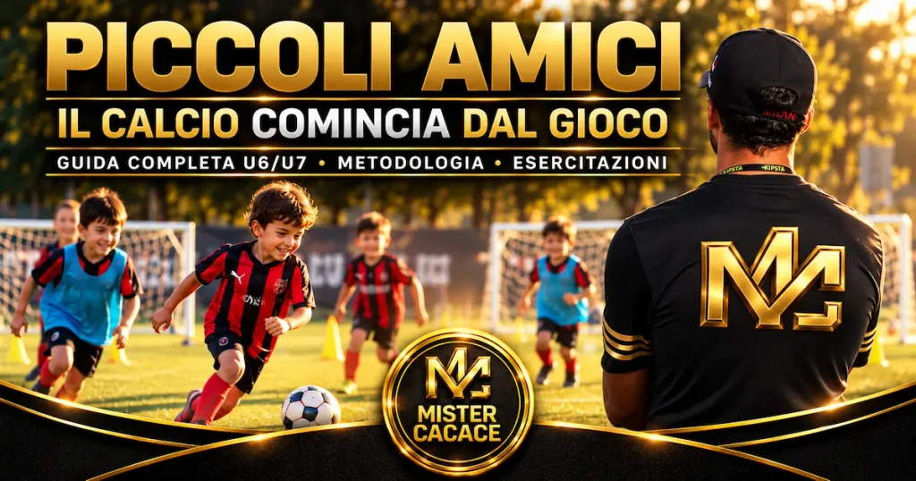 Allenamento Piccoli Amici U6 U7 con bambini impegnati nel gioco del calcio e Mister Cacace a bordo campo, guida completa con metodologia ed esercitazioni