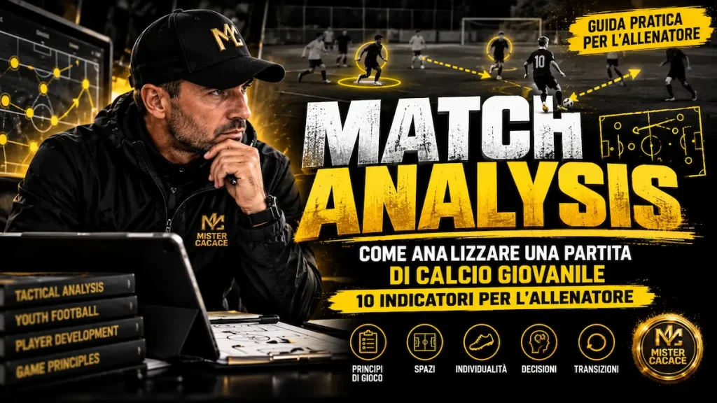 Allenatore di calcio giovanile analizza una partita con dieci indicatori tecnico-tattici.