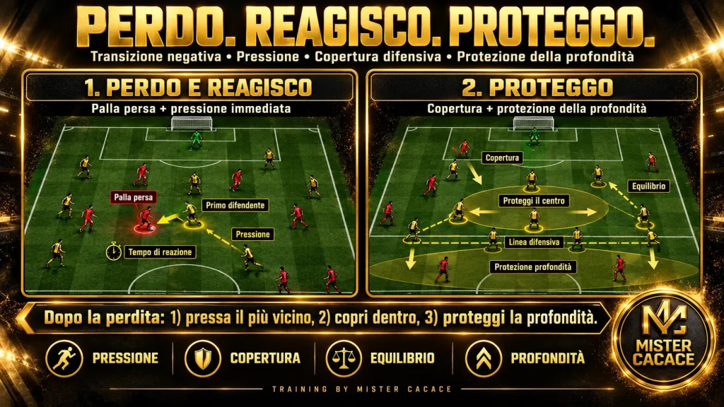 Transizione negativa nel calcio giovanile con pressione, copertura difensiva e protezione della profondità.