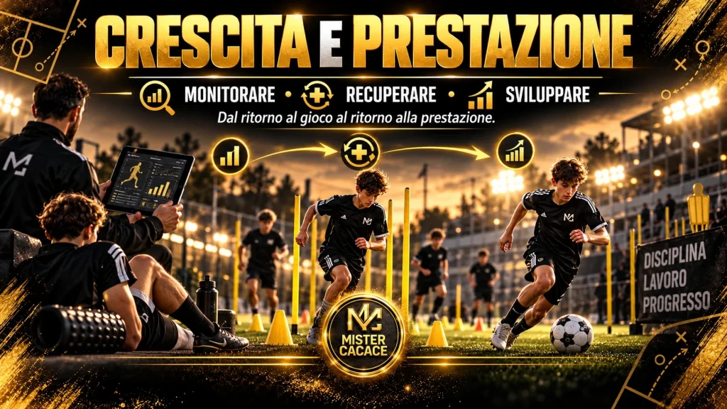 Grafica sul rapporto tra crescita individuale, preparazione motoria e ritorno alla performance nel calcio giovanile.