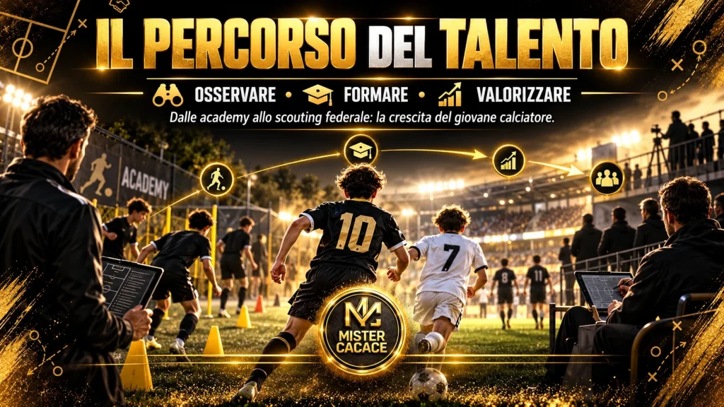 Schema illustrativo dello sviluppo del talento nel calcio giovanile attraverso academy, scouting Under 14 e percorsi di formazione.