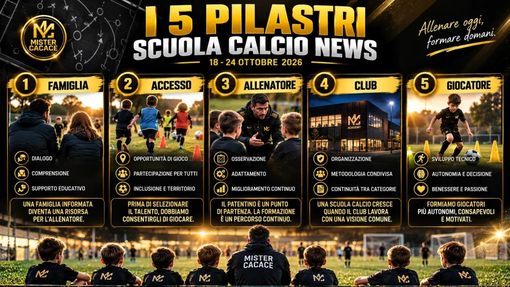 I cinque pilastri delle Scuola Calcio News: famiglia, accesso, allenatori, club e giocatore.