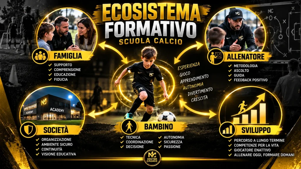 Ecosistema formativo della Scuola Calcio: bambino, genitori, allenatore e società.