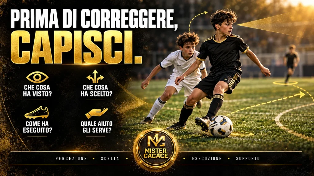 Giovane calciatore in ricezione e quattro domande per analizzare percezione, scelta ed esecuzione.