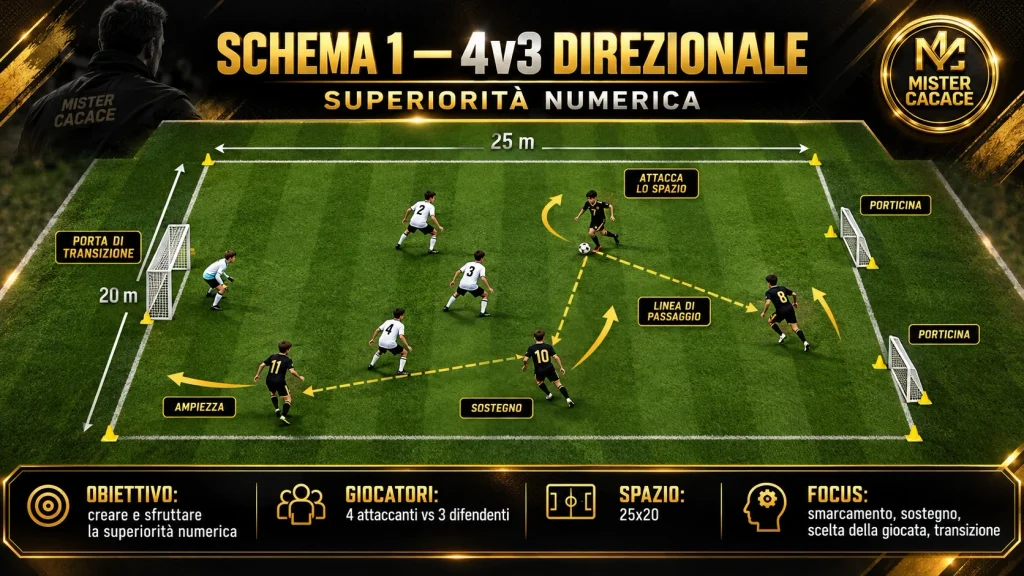 Schema esercitazione tattica 4 contro 3 direzionale per superiorità numerica U12 U15