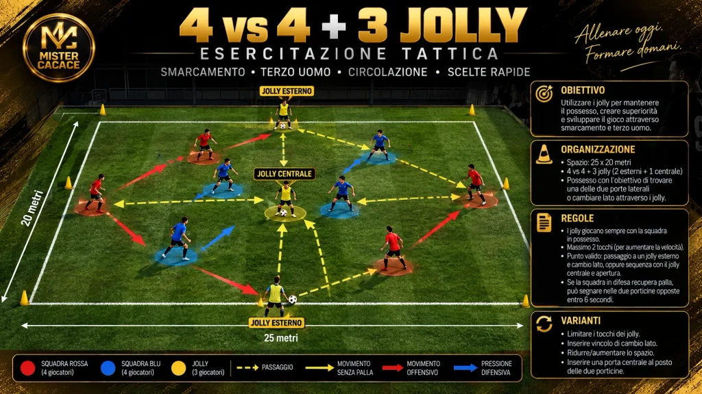 Schema tattico 4 contro 4 con tre jolly per smarcamento e terzo uomo