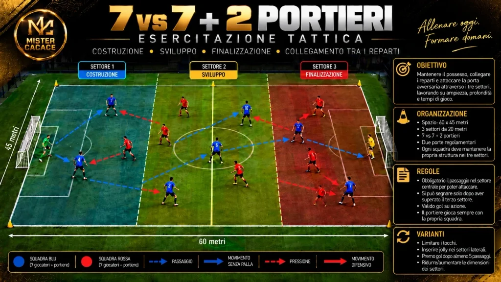 Schema esercitazione 7 contro 7 con due portieri e tre settori per collegare i reparti 