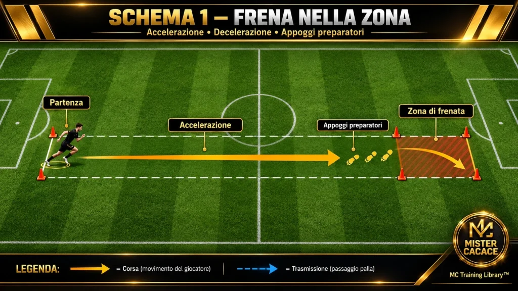 Schema di esercizio per allenare accelerazione, decelerazione e frenata nella preparazione motoria nel calcio giovanile.