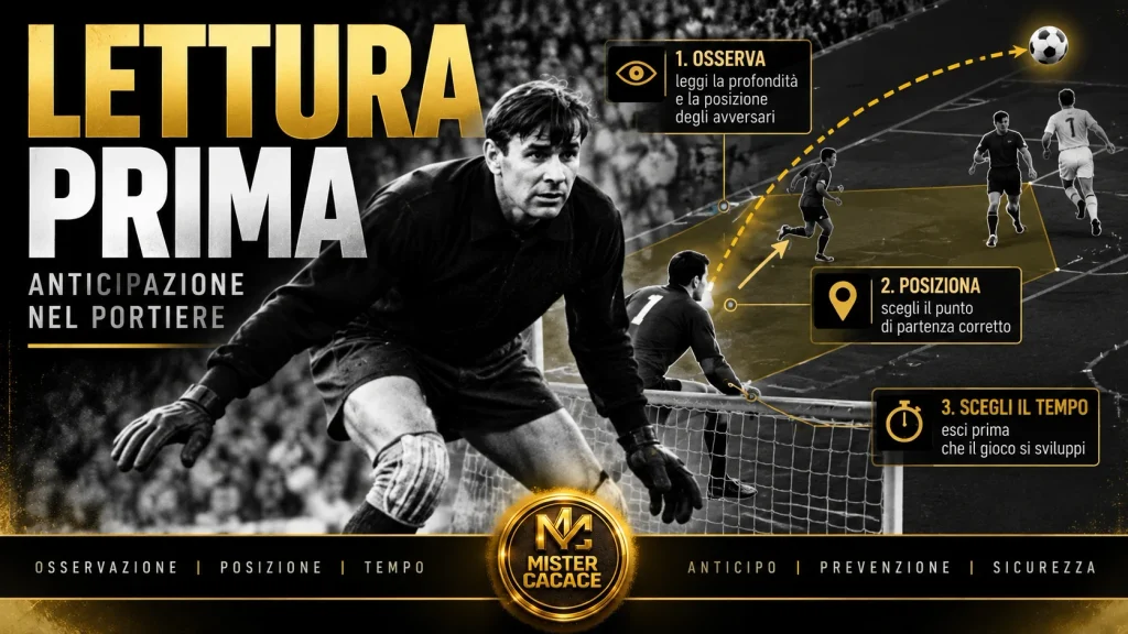 Lev Yashin portiere e lettura preventiva della profondità con linea difensiva e traiettoria del pallone.