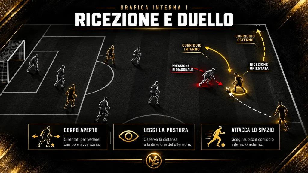 Federico Chiesa e l'1 contro 1 dinamico: ricezione orientata e postura del difensore.