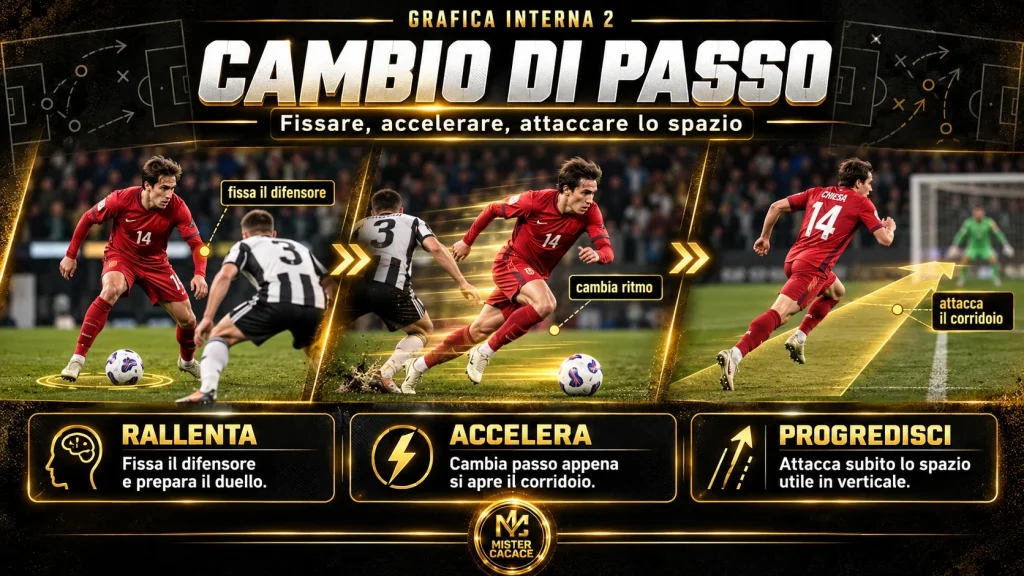 Cambio di passo nell'1 contro 1: fissare, accelerare e attaccare lo spazio libero.