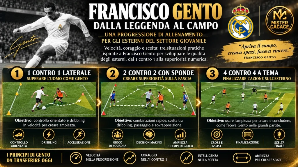 Progressione di allenamento ispirata a Francisco Gento con 1 contro 1 laterale, 2 contro 2 con sponde e 4 contro 4 a tema.