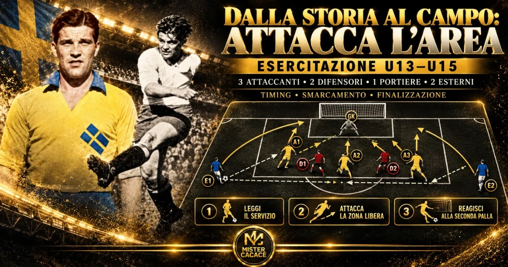 Esercitazione di attacco dell'area U13 U15 con tre attaccanti, due difensori, portiere e servizi laterali.