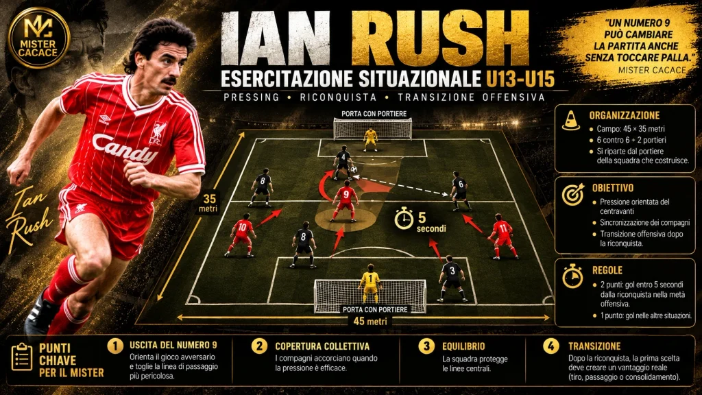 Esercitazione 6 contro 6 con portieri per allenare pressing del centravanti e transizione offensiva nel calcio giovanile