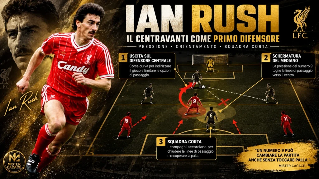 Schema tattico del pressing di un centravanti ispirato a Ian Rush, con corsa curva e schermatura del mediano