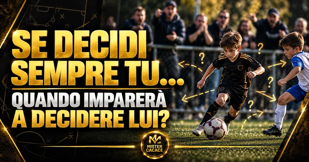 Joystick coaching nel calcio giovanile con adulti che suggeriscono continuamente le decisioni ai bambini
