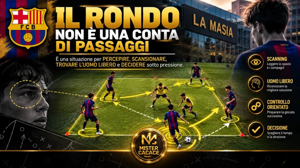 Rondo 5v2 con due uscite orientate, proposta Mister Cacace ispirata ai principi metodologici La Masia.