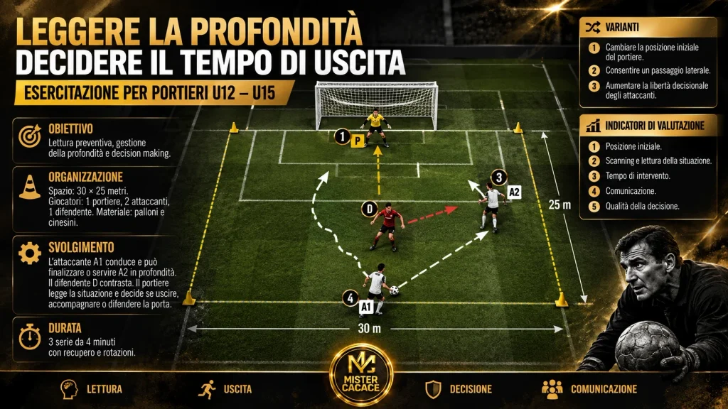 Schema esercitazione portieri U12 U15 ispirata a Lev Yashin per allenare lettura della profondità e tempo di uscita.