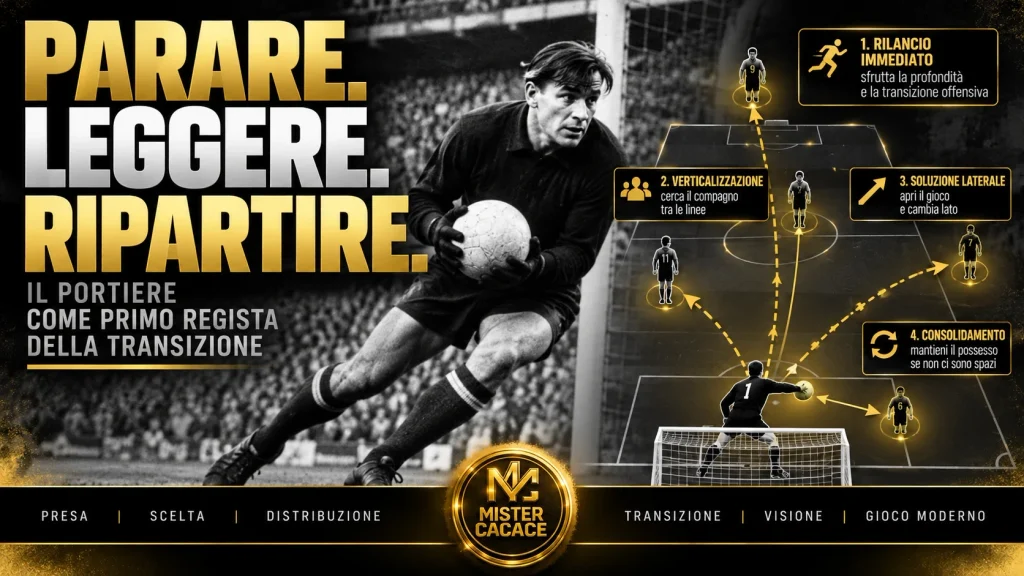 Lev Yashin portiere e transizione positiva dopo la presa con opzioni di distribuzione rapida.