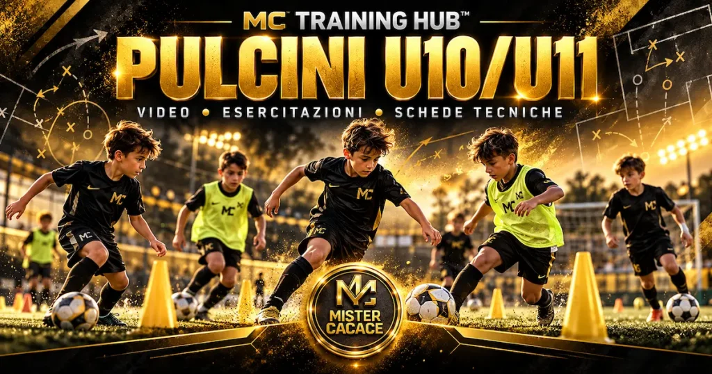 Copertina MC Training Hub Pulcini U10 U11 con giovani calciatori in esercitazione e logo Mister Cacace