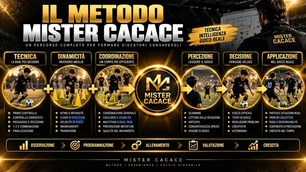 Metodo Mister Cacace per programmare l'allenamento giovanile con tecnica, dinamicità, coordinazione, decisione e gioco.