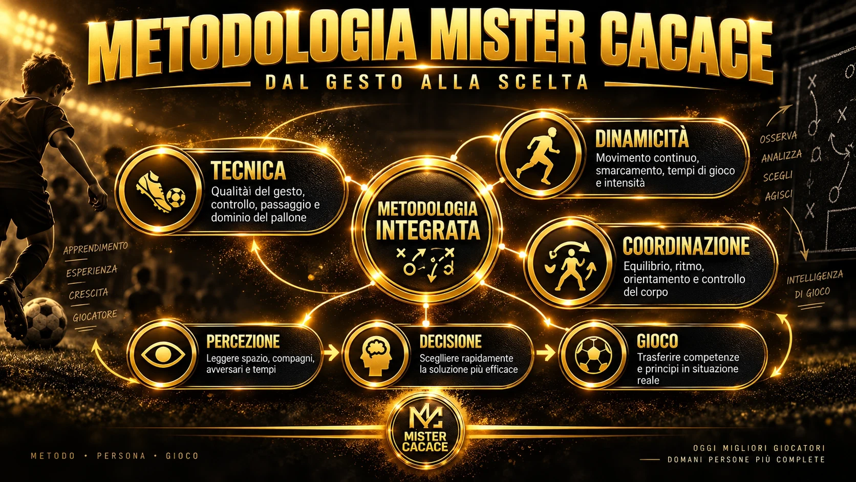 Metodologia Mister Cacace: tecnica, dinamicità e coordinazione integrate con percezione, decisione e adattamento nel calcio giovanile.