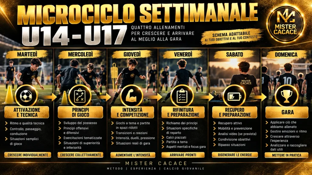 Microciclo settimanale di calcio giovanile U14-U17 con quattro allenamenti dal martedì al venerdì e gara domenicale.