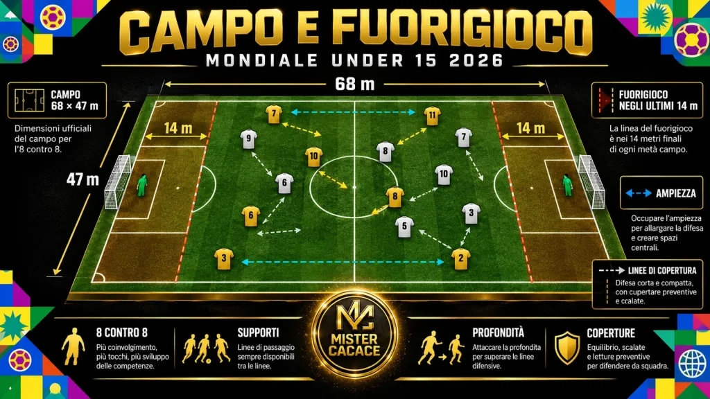 Campo del Mondiale Under 15 2026 68 per 47 metri con zone di fuorigioco a 14 metri