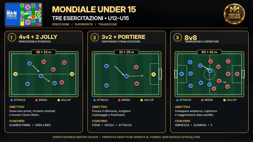 Tre esercitazioni ispirate al Mondiale Under 15 2026, 4v4 con jolly, 3v2 e 8v8