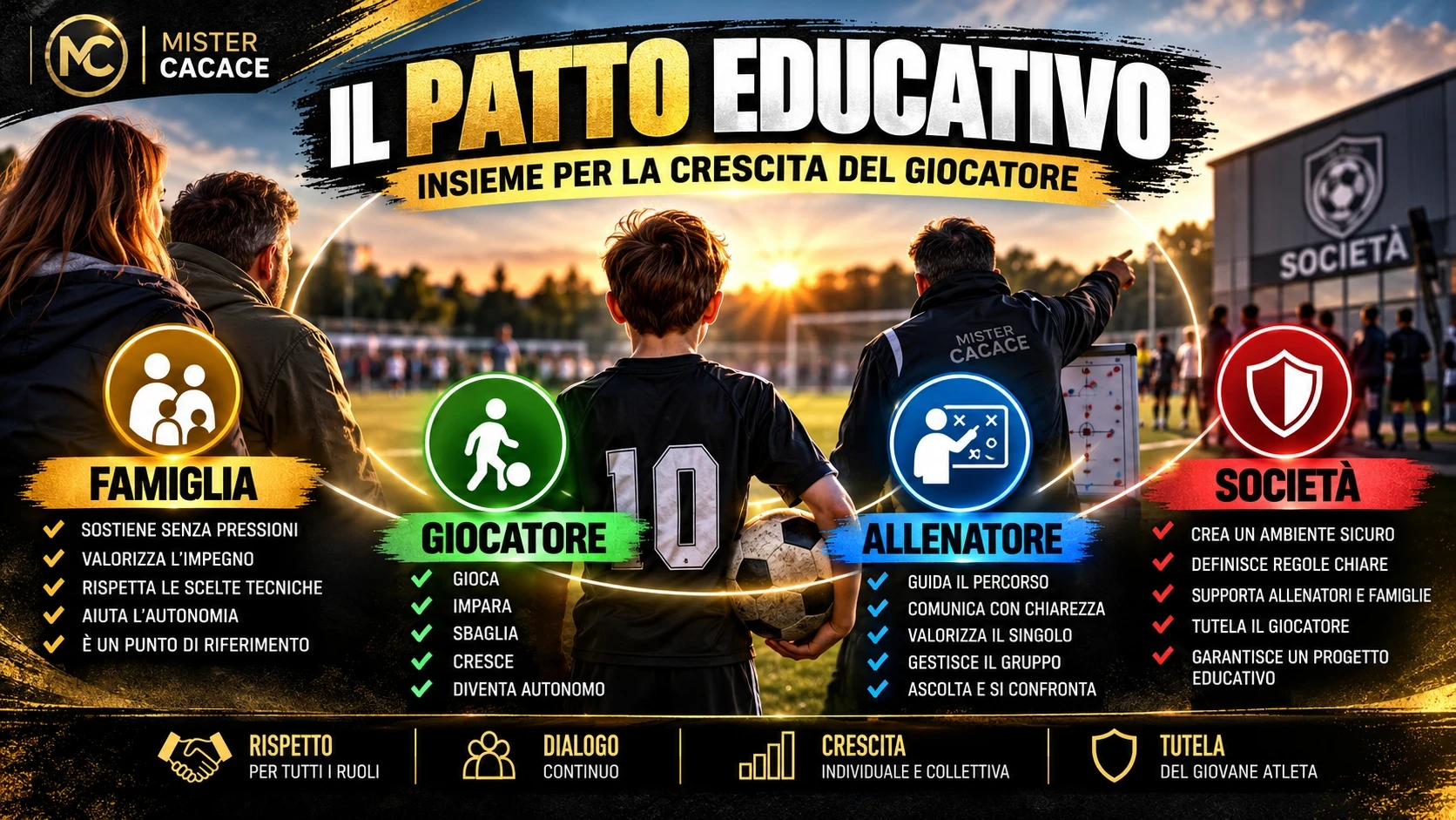 Patto educativo con giovane calciatore al centro, famiglia, allenatore e società coinvolti nella crescita.