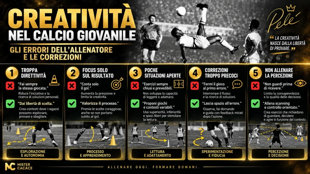 Creatività nel calcio giovanile: cinque errori del mister e alternative pratiche per favorire percezione e autonomia.