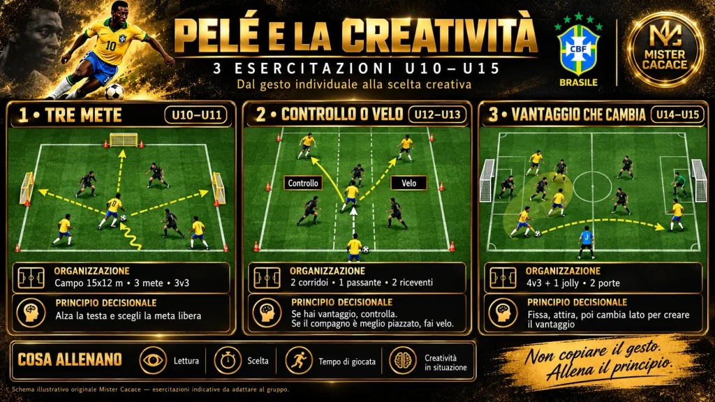 Tre proposte per la creatività nel calcio giovanile: tre mete U10-U11, controllo o velo U12-U13, vantaggio che cambia U14-U15.