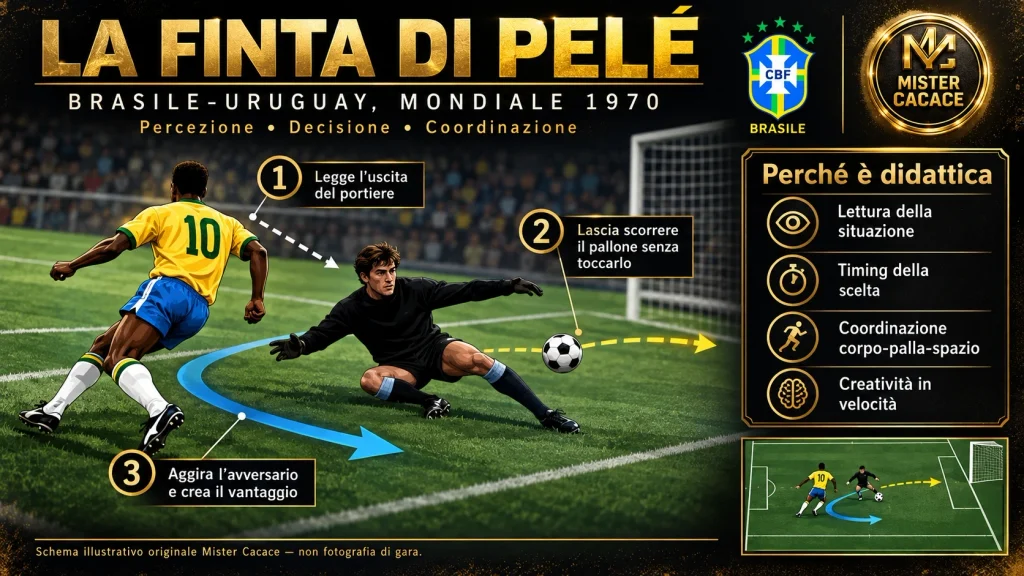Pelé contro l'Uruguay nel 1970: lettura del portiere, decisione e coordinazione nella finta senza tocco.