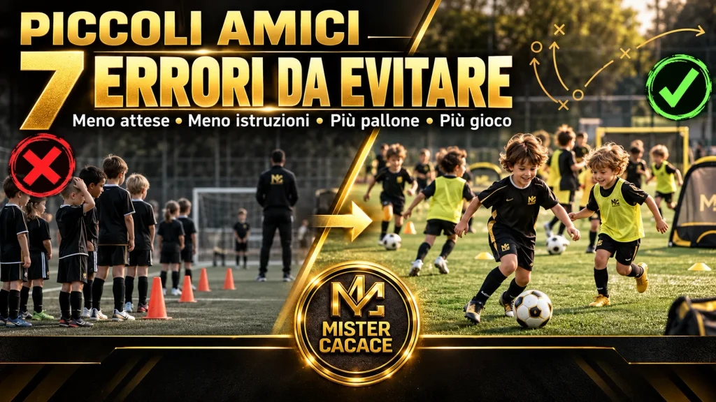 Grafica Piccoli Amici U6 U7 sui 7 errori da evitare nell’allenamento: meno attese, meno istruzioni, più pallone e più gioco