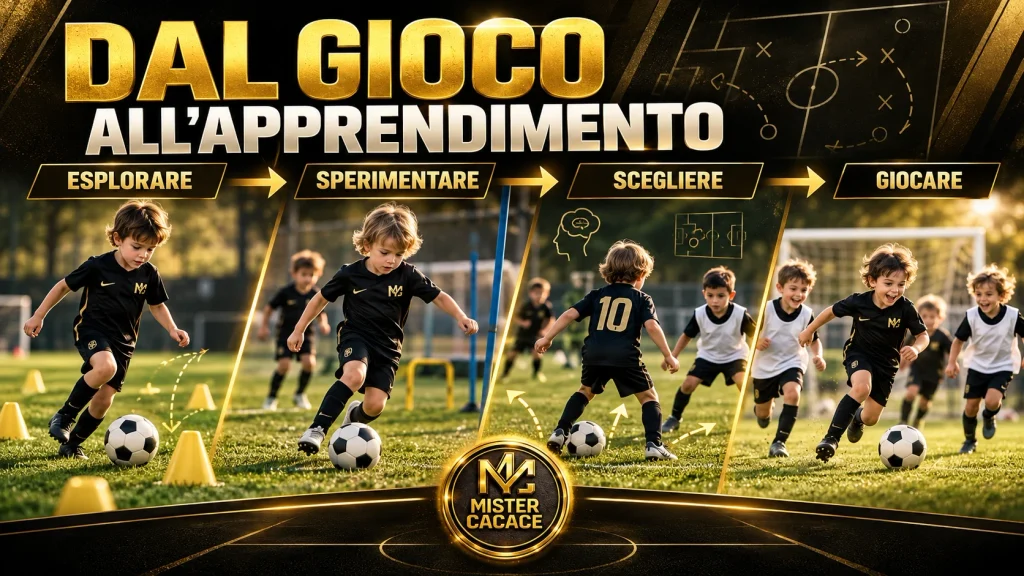 Grafica metodologica Piccoli Amici U6 U7 dal gioco all'apprendimento con le 4 fasi: esplorare, sperimentare, scegliere e giocare