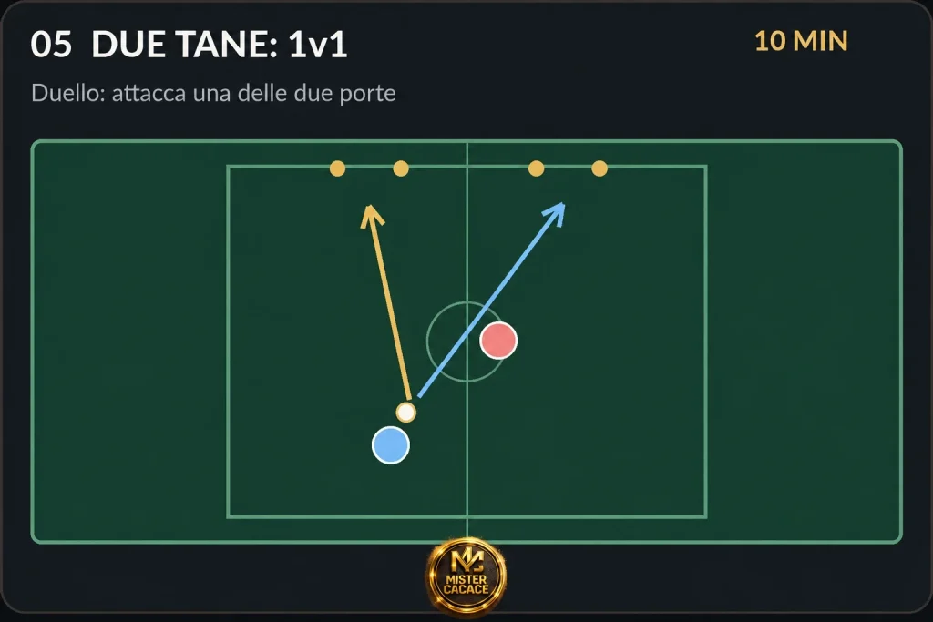 Allenamento Piccoli Amici U6 U7, esercitazione Due Tane 1 contro 1 con due porte per sviluppare dribbling, finte e capacità di scelta