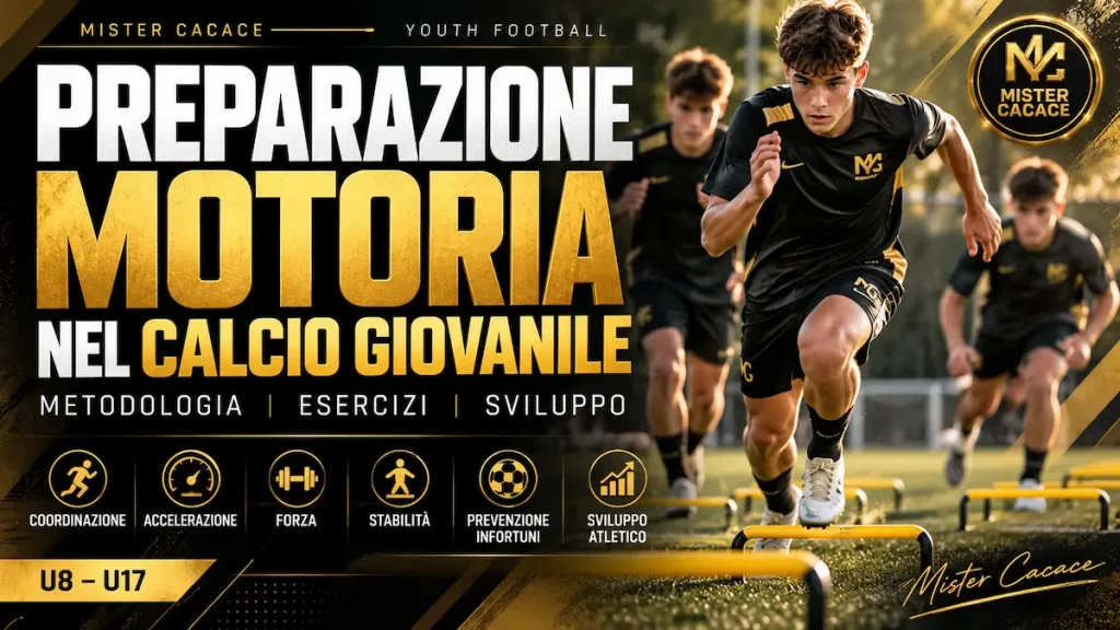 Preparazione motoria nel calcio giovanile con esercizi di coordinazione, accelerazione e cambi di direzione.