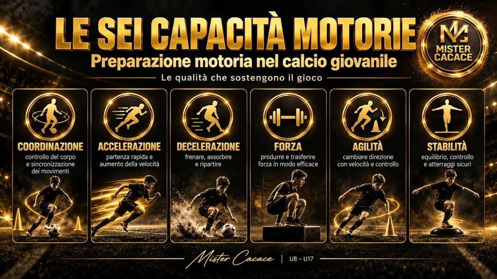 Sei capacità della preparazione motoria nel calcio giovanile: coordinazione, accelerazione, decelerazione, forza, agilità e stabilità.