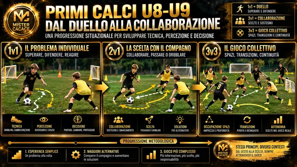 Progressione situazionale Primi Calci U8 U9 con 1 contro 1, 2 contro 1 e 3 contro 3 per sviluppare duello, collaborazione e decisione. 