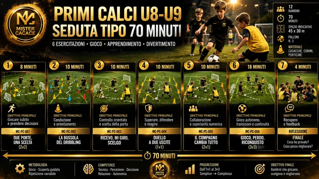 Seduta di allenamento Primi Calci U8 U9 di 70 minuti con sei esercitazioni, dal 2v2 al 3v3, e feedback finale.