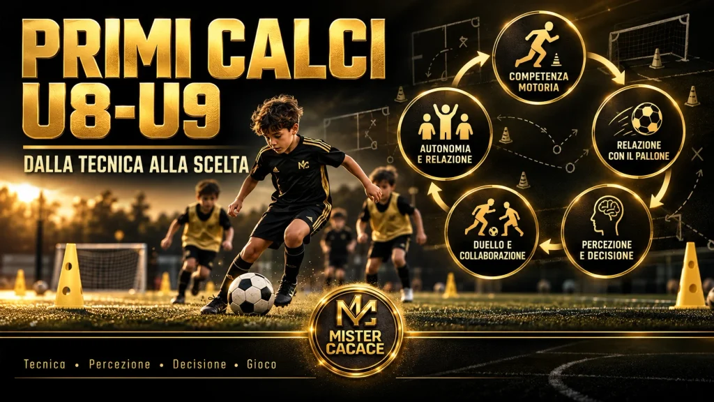 Primi Calci U8 U9, collegamento fra tecnica individuale, percezione, decisione e gioco in una proposta metodologica di Mister Cacace.