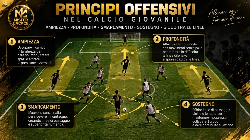 Principi offensivi nella tattica del calcio giovanile con ampiezza profondità smarcamento e sostegno